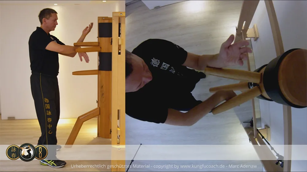Trainer zeigt fortgeschrittene Trainingsform mit rotem Trainingsring in Splitscreen-Perspektive