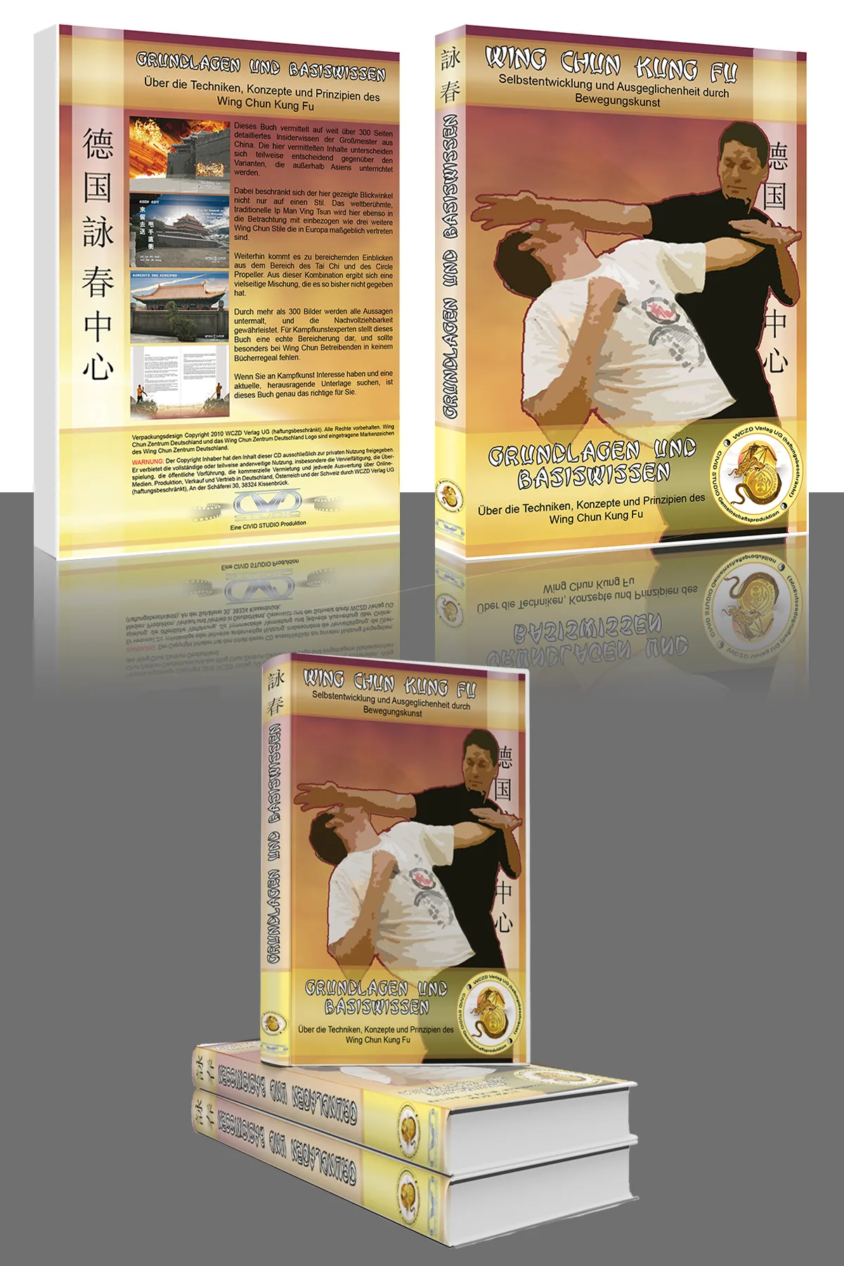 DVD-Box und Buchausgabe Wing Chun Kung Fu Grundlagen mit 3D-Mockup und Produktdetails