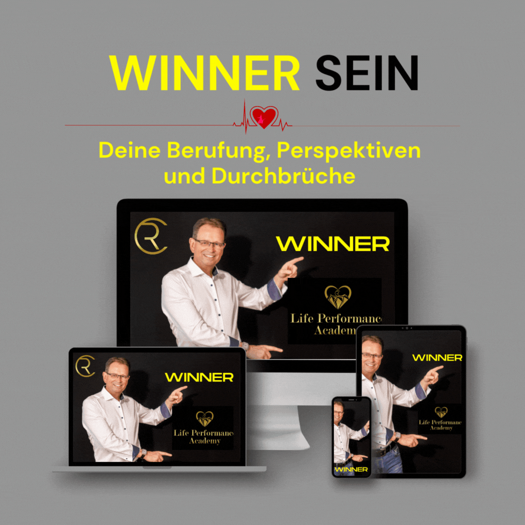 Coaching Programm WINNER – Responsive Design Mockup auf verschiedenen Geräten mit Heartbeat-Symbol