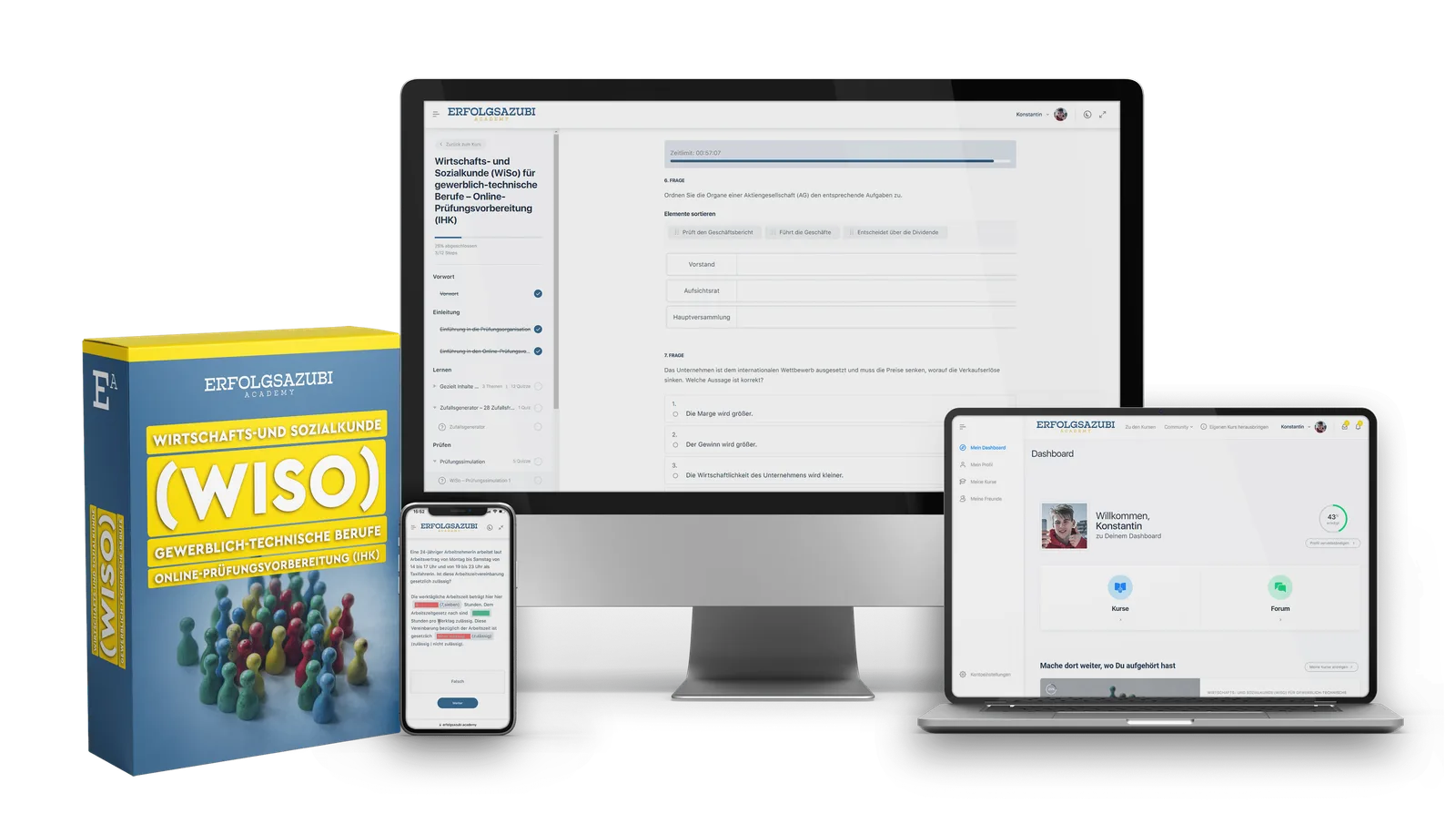 Mockup des WiSo-Kurses auf Smartphone, Tablet und Laptop mit Produktbox und Lernplattform-Interface