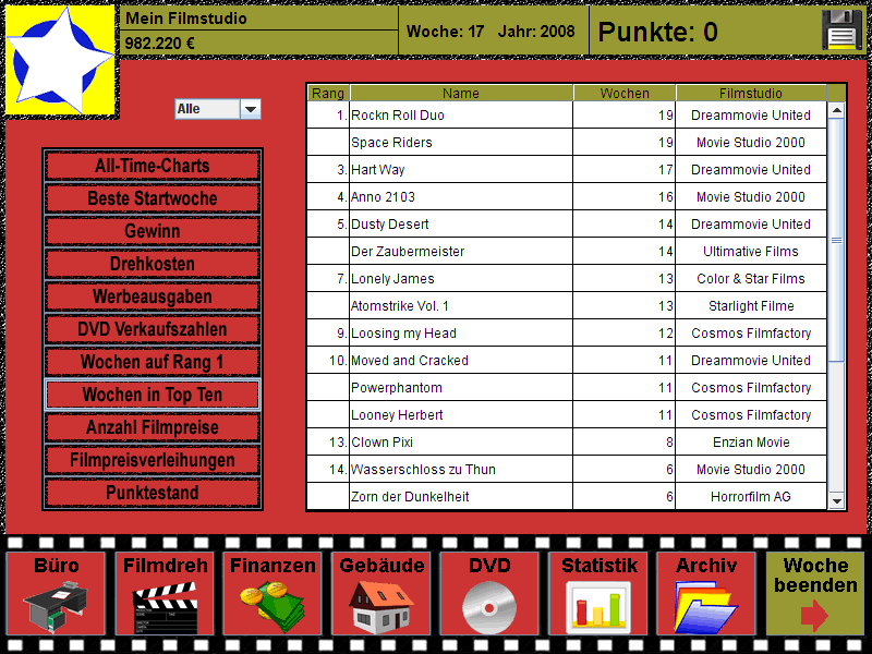 Mein Filmstudio Statistik Screenshot mit Wochen-Top-Ten Rangliste von Filmen und Filmstudios