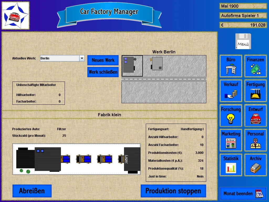 Car Factory Manager Screenshot zeigt Werk Berlin mit Produktionsstätte, Fabrik klein und Management-Interface