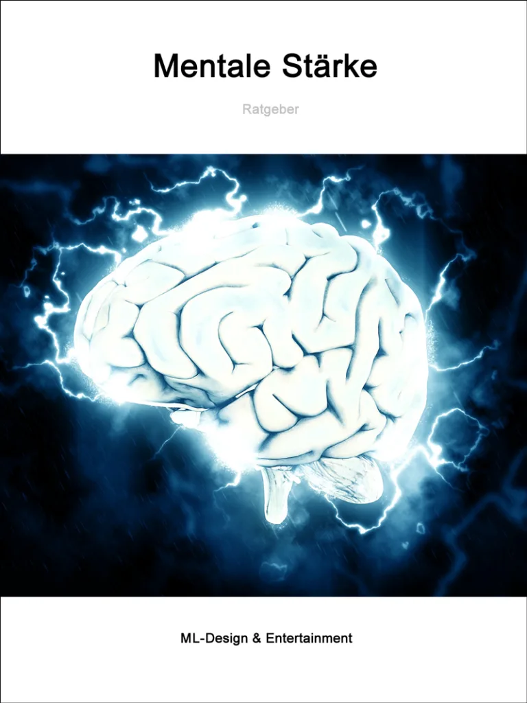 Buch-Cover Mentale Stärke mit leuchtendem Gehirn und Blitzeffekten