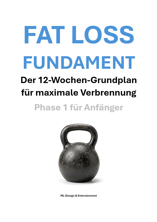 Buch-Cover 'Fat Loss Fundament' Phase 1 mit Kettlebell-Illustration in Blau
