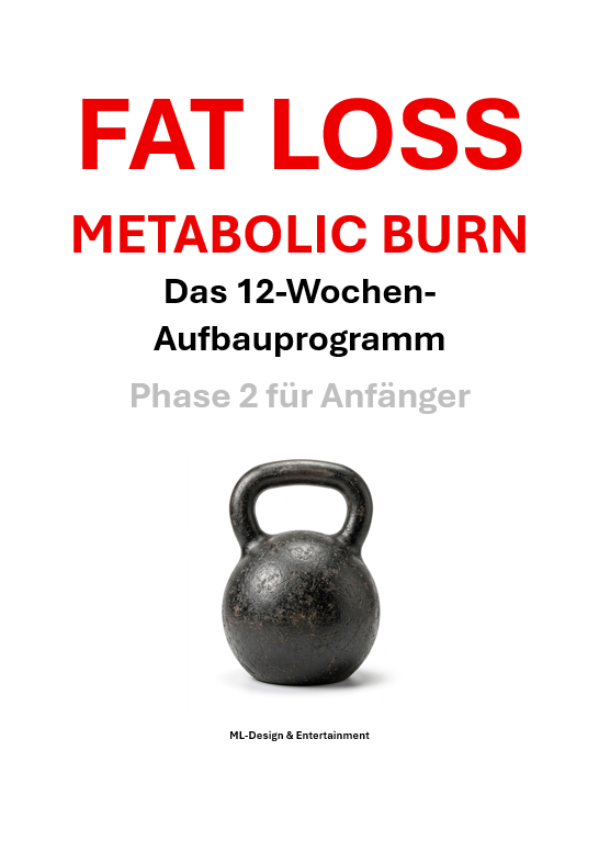 Buch-Cover 'Fat Loss Metabolic Burn' Phase 2 mit Kettlebell-Illustration in Rot