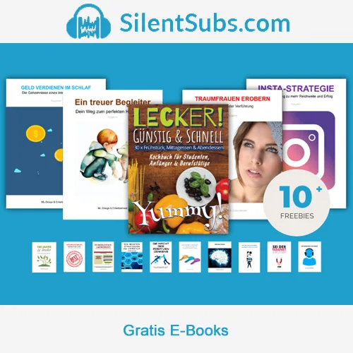 SilentSubs.com Hero-Banner mit Logos und eBook-Covern, 10+ Freebies-Label