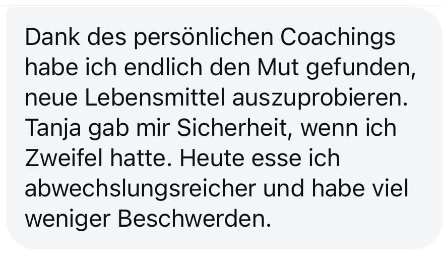 Kundenbewertung zum Wohlfühldarm Coaching, neue Lebensmittel testen, Sicherheit, weniger Beschwerden