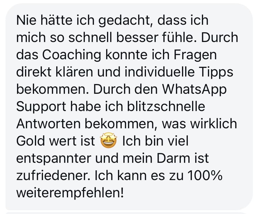 Kundenbewertung zum Wohlfühldarm Coaching, WhatsApp Support, schnelle Antworten und Entspannung