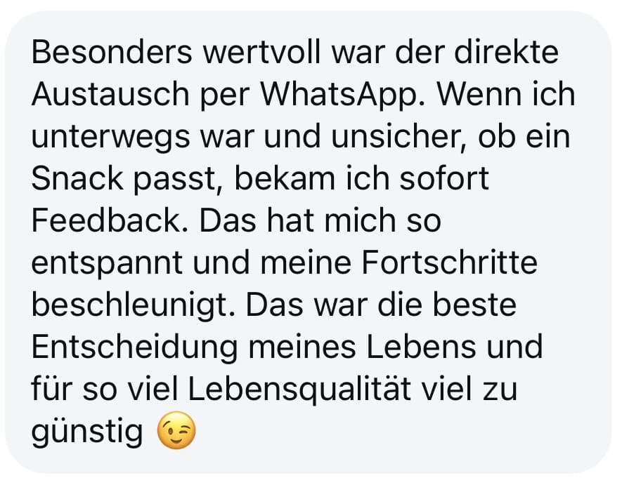 Kundenbewertung zum Wohlfühldarm Coaching, WhatsApp Support, beste Lebensentscheidung, Lebensqualität