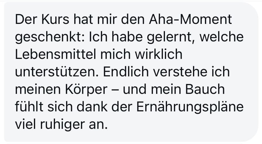 Kundenbewertung Wohlfühldarm Kurs, Aha-Moment, Lebensmittel-Wissen, ruhiger Bauch, Ernährung