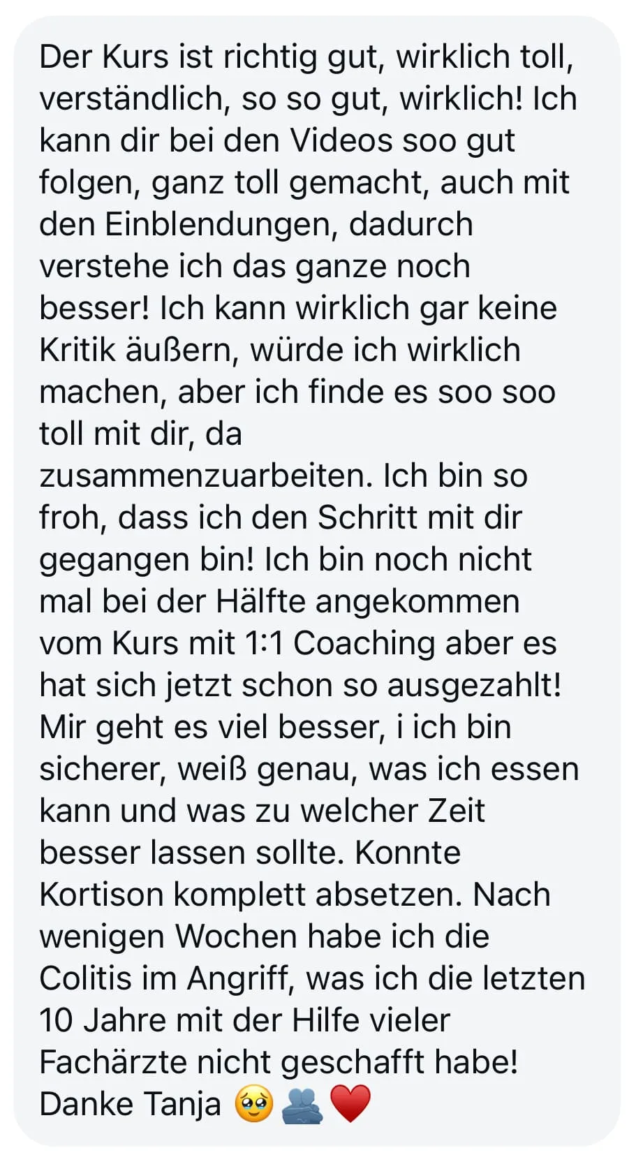 Kundenbewertung zum Wohlfühldarm Online Kurs mit Coaching, Colitis-Ergebnis nach 10 Jahren