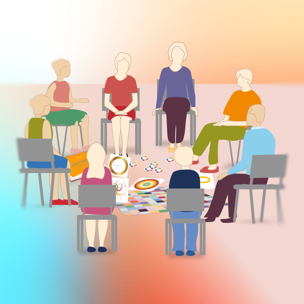 Illustrierte Gruppe von Menschen verschiedener Altersgruppen und Hautfarben sitzen im Kreis mit Laptops und Materialien, Work