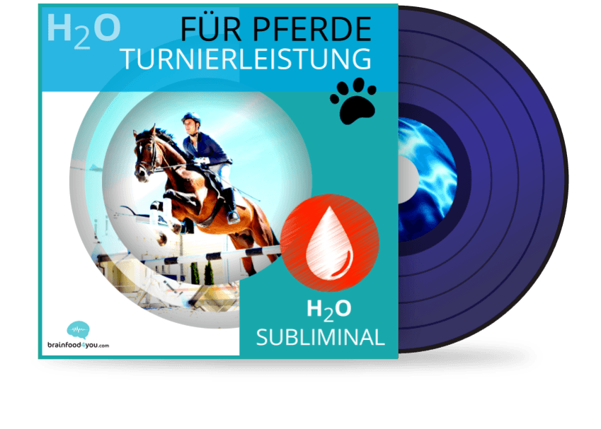 H2O Subliminal Hörbuch-Mockup für Pferde Turnierleistung mit Springreiter im Kreis und Wassertropfen-Symbol