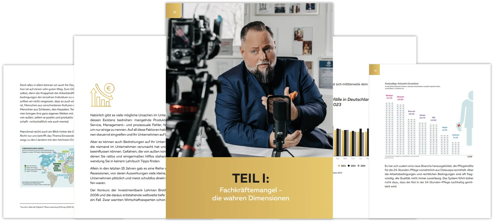 Buchseiten mit Interview, Text, Diagrammen zu Fachkräftemangel und Statistiken, Teil 1 Fachkräftemangel