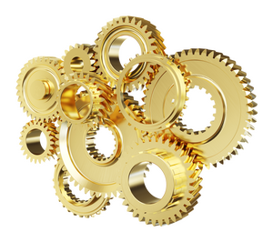 Goldene Zahnräder in verschiedenen Größen, symbolisieren Zusammenarbeit und Fachkräfte