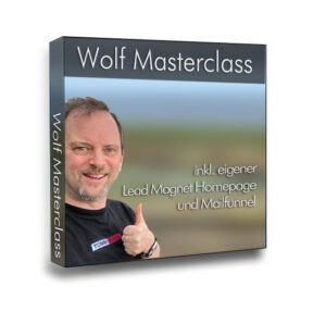 Wolf Masterclass Logo mit aufsteigenden Pfeilen in Weiß, Grau und Türkis