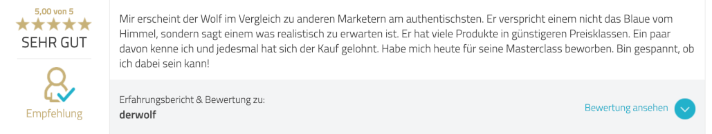 Fünf-Sterne-Bewertung WOLF-Masterclass derwolf, Empfehlung