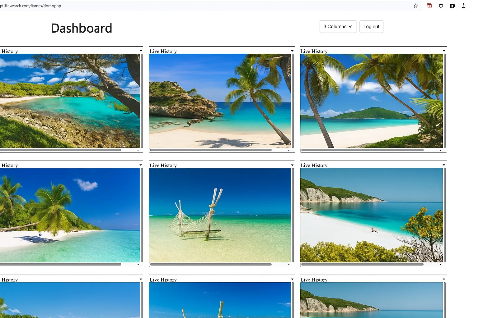 Wolfeye Remote Screen Dashboard mit 9-teiligem Galerielayout zeigt Historien und Live-Historien von Beach- und Landschaftsauf