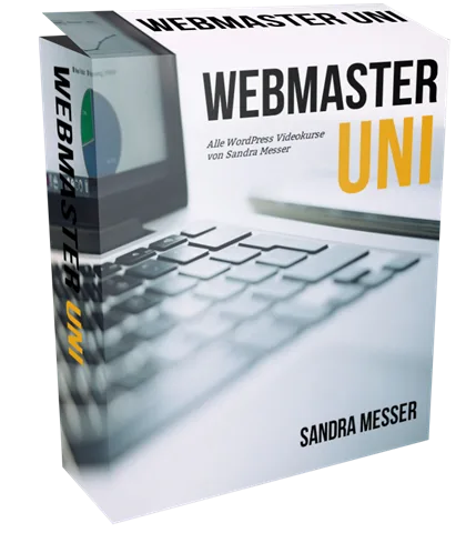 Webmaster Uni Produktbox von Sandra Messer, WordPress Videokurs in grauer und gelber Farbgestaltung