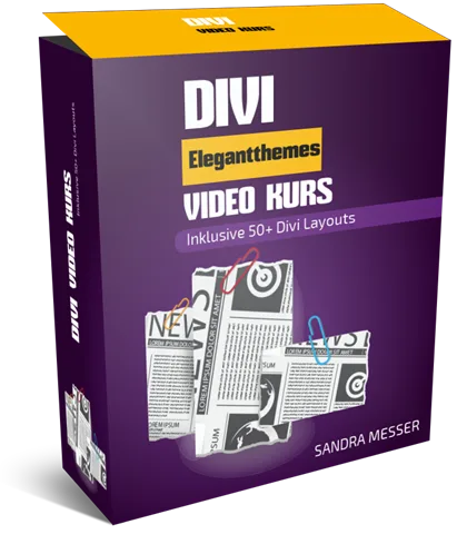 Divi Box Elegantthemes Video Kurs Produktbox von Sandra Messer in Lila und Gelb mit Layouts-Motiv