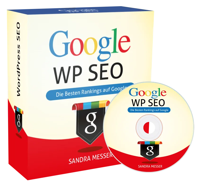 Google WP SEO Kurs Produktbox mit DVD von Sandra Messer, Rankings auf Google in Blau, Rot und Gelb
