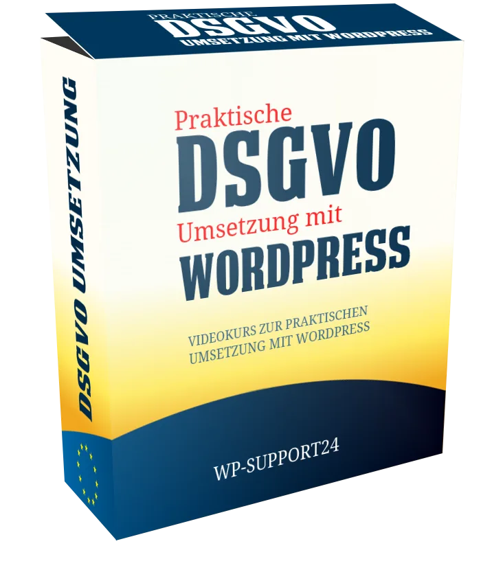 Praktische DSGVO Umsetzung mit WordPress Kurs von WP-Support24 in Blau und Gelb