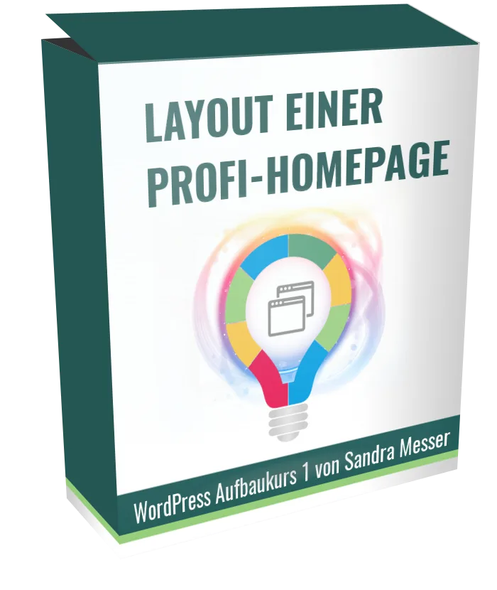 Layout einer Profi-Homepage WordPress Aufbaukurs 1 von Sandra Messer mit buntem Glühbirnen-Motiv