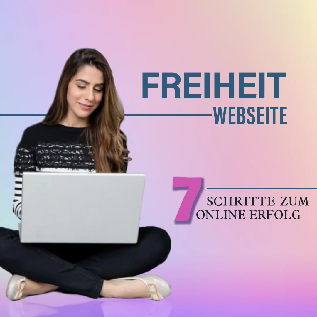 Frau mit Laptop auf Instagram-Social-Media-Post, Freiheit Webseite Videokurs, sieben Schritte zum Online Erfolg