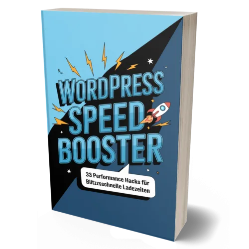 WordPress Speed Booster eBook Cover mit 3D-Buchdesign und Blitzgrafiken