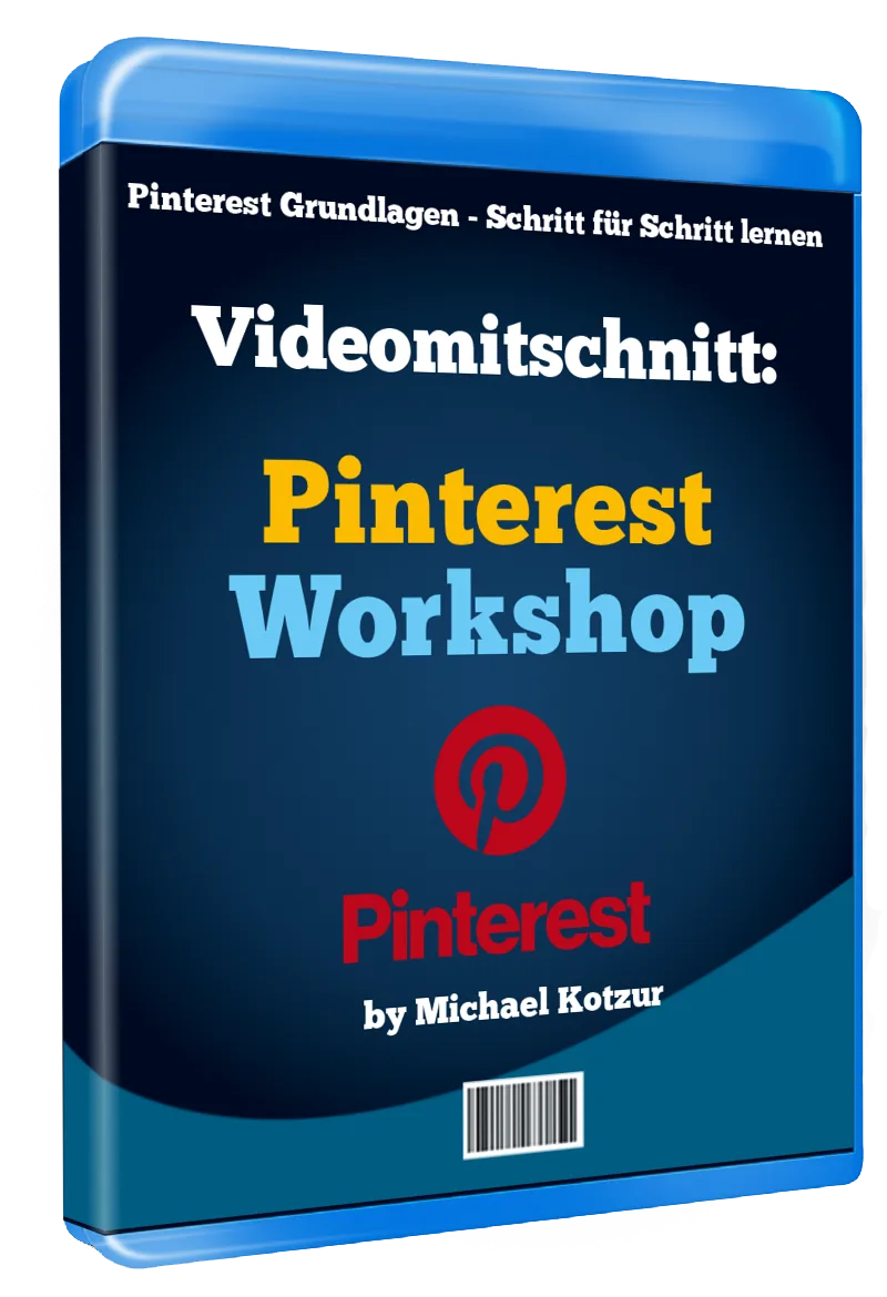3D-Box-Cover Pinterest Workshop - Videomitschnitt mit Pinterest-Logo auf blauem Hintergrund von Michael Kotzur