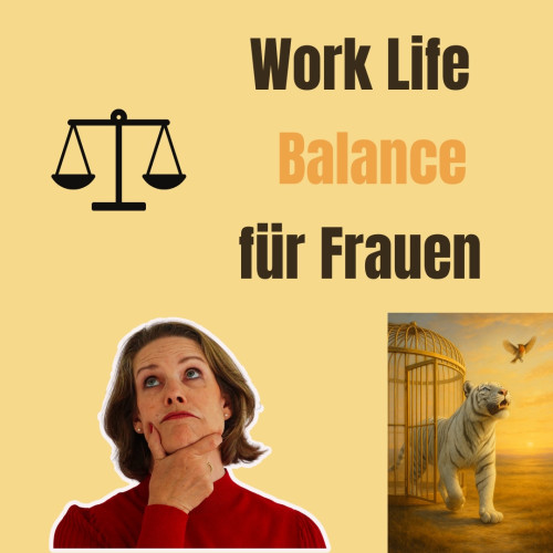 Work Life Balance für Frauen Hero-Grafik mit Waage, nachdenklicher Frau, Tiger im Käfig auf gelblichem Hintergrund