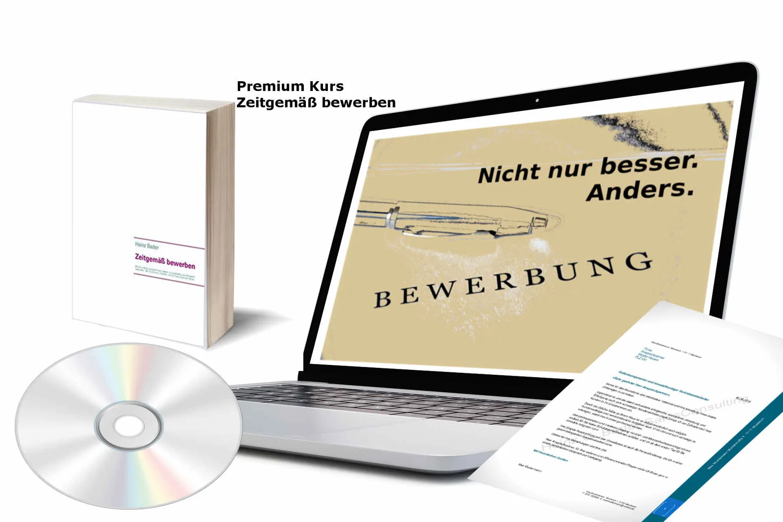 Mockup Premium Kurs Zeitgemäß bewerben mit Buch, DVD und Laptop-Bildschirm