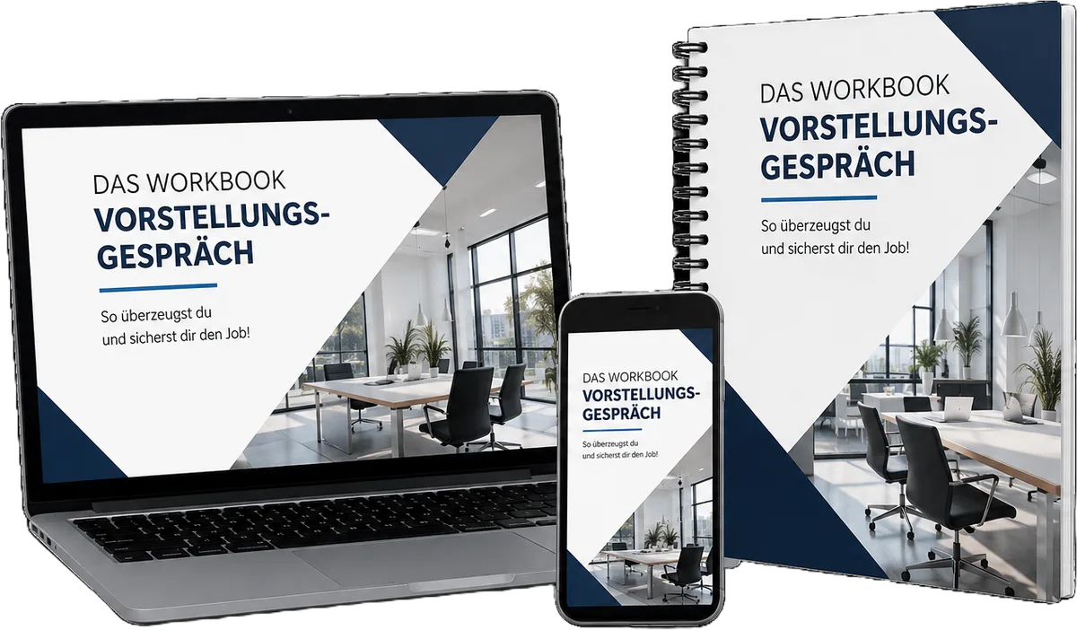 Mockup Vorstellungsgespräch Workbook auf Laptop, Tablet und Smartphone
