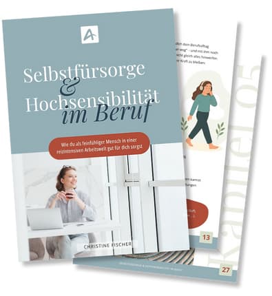 Workbook-Guide – Selbstfürsorge & Hochsensibilität im Beruf 5 Workbook-Cover und Innenseiten in 3D-Perspektive mit Hochsensibilität-Inhalten