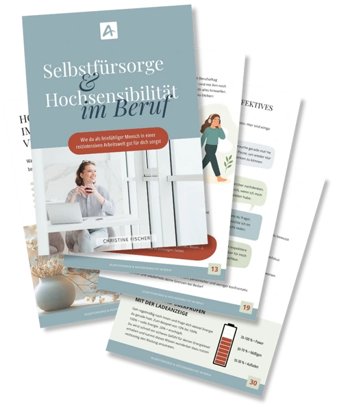 Workbook-Guide – Selbstfürsorge & Hochsensibilität im Beruf 4 Workbook-Seiten in 3D-Fächerdarstellung mit Inhaltsverzeichnis und Übungen