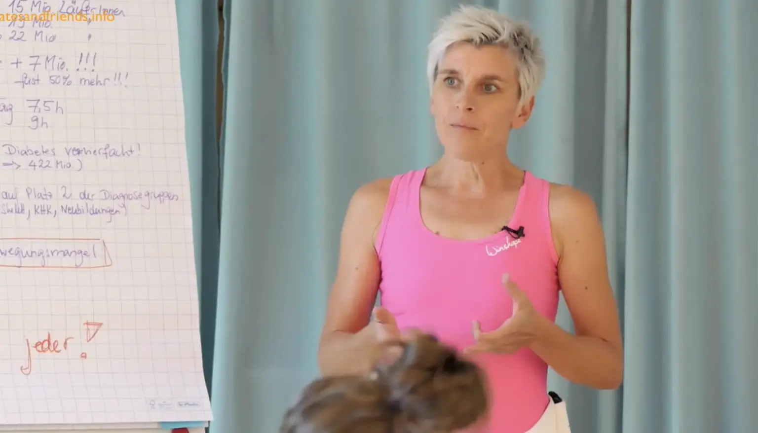 Kerstin Bredehorn präsentiert Workshop Pilates für Läufer vor Flipchart