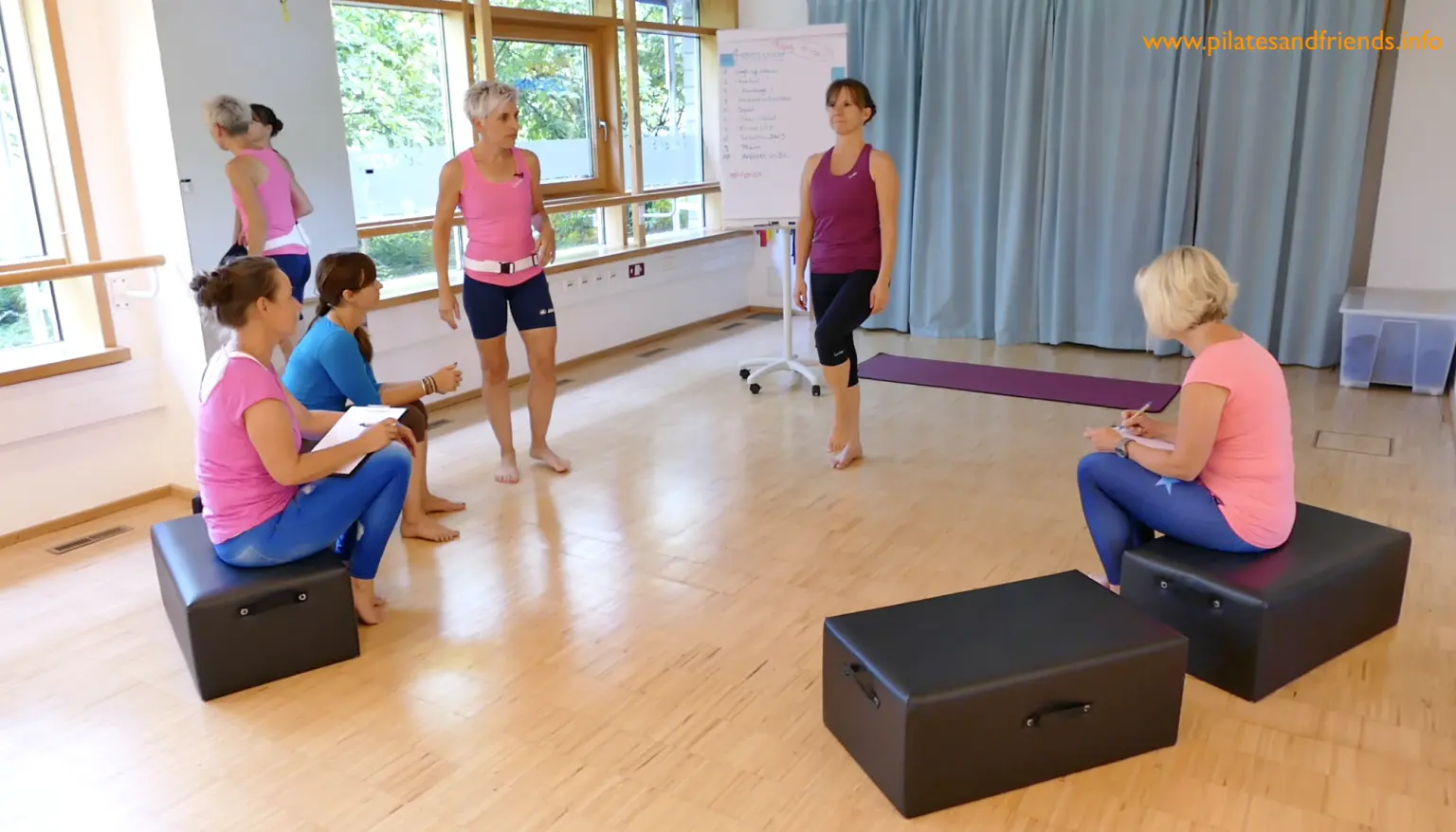 Pilates-Workshop mit Trainerin Stefanie Rahn und Teilnehmern auf Trainingsboxen im Kursraum