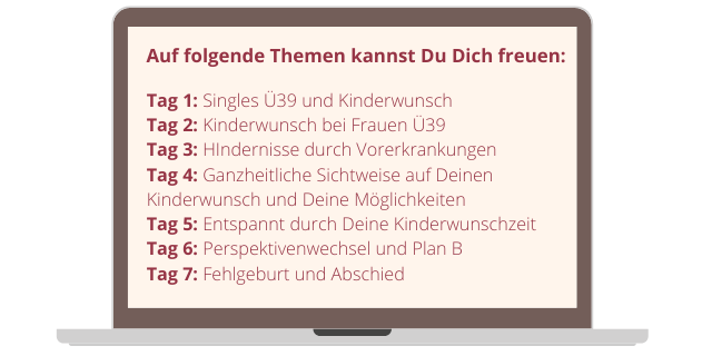 Laptop-Bildschirm zeigt 7-Tage-Agenda Kinderwunsch Workshop