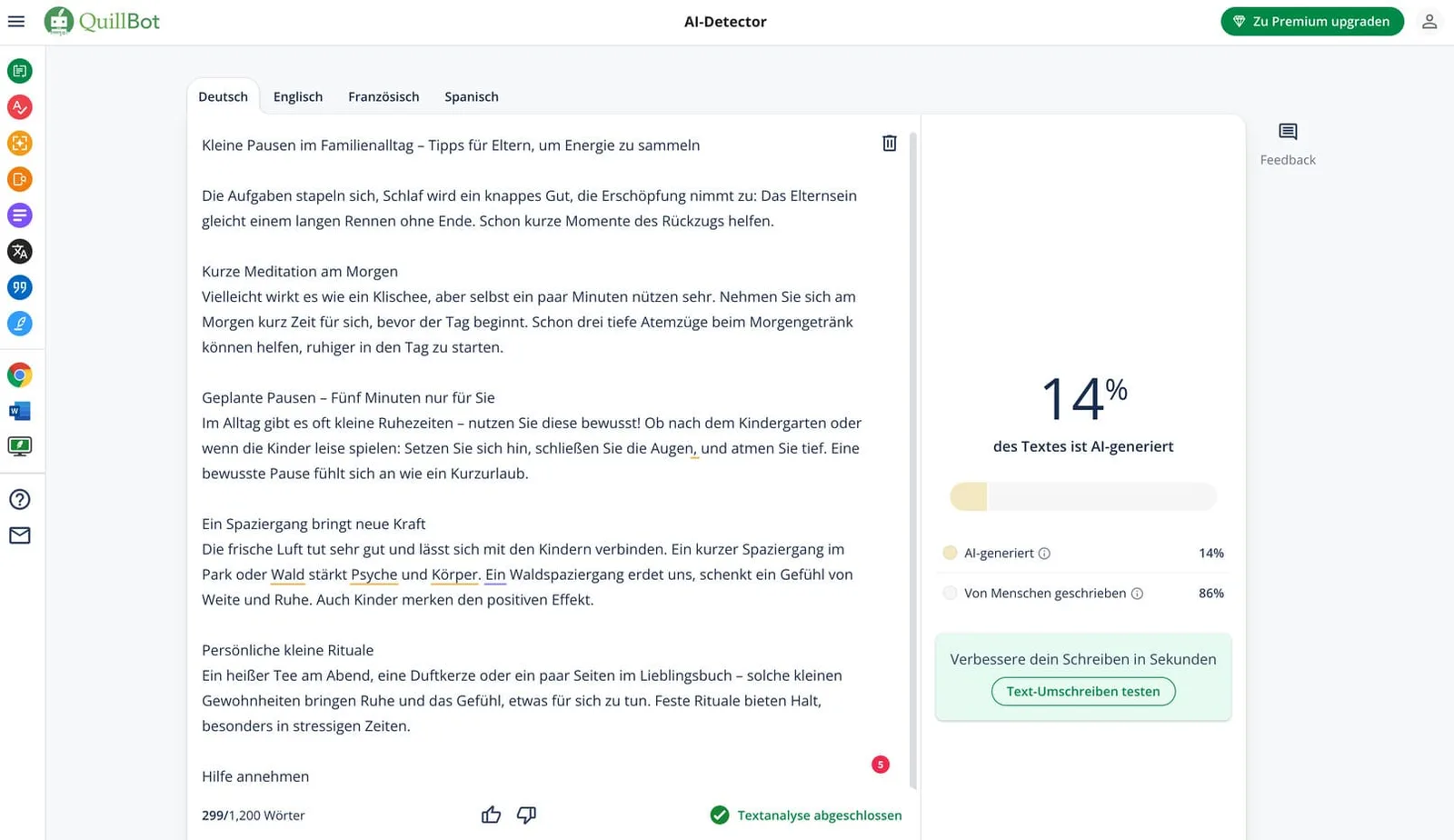 WORTLIGA – Software für Textanalyse von Wortliga Tools GmbH 3 QuillBot AI-Detektor Screenshot nach Humanisierung mit 14% KI-generiert-Wahrscheinlichkeit und 86% von Menschen geschrieben