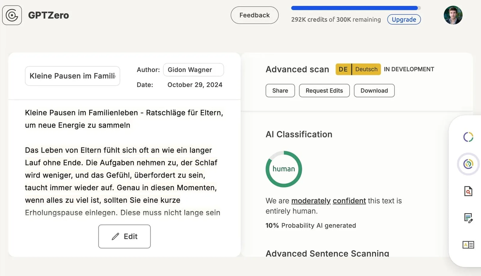 WORTLIGA – Software für Textanalyse von Wortliga Tools GmbH 4 GPTZero AI-Detektor Screenshot nach Humanisierung zeigt 10% KI-Wahrscheinlichkeit und human-Kennzeichnung