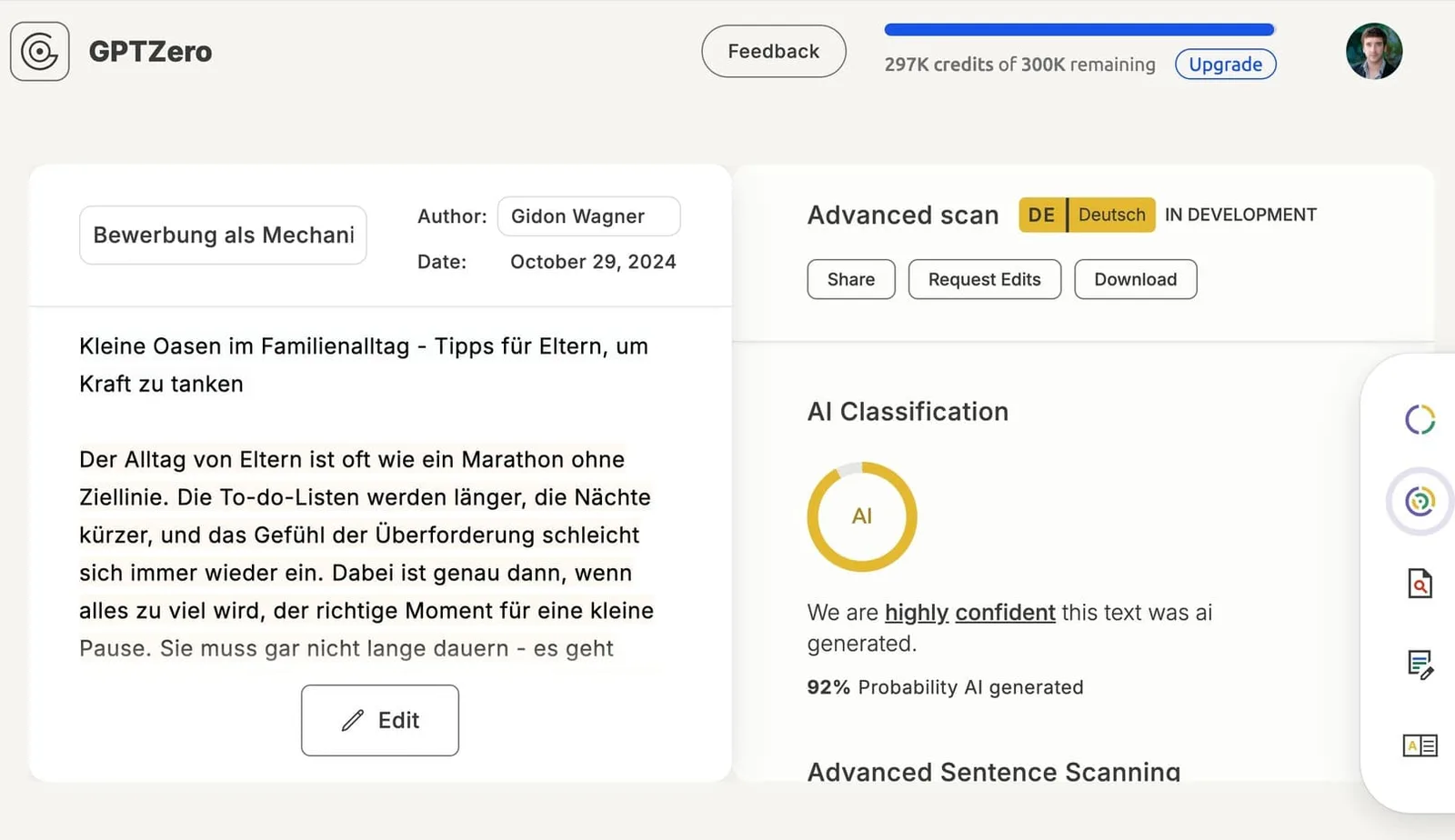 WORTLIGA – Software für Textanalyse von Wortliga Tools GmbH 6 GPTZero AI-Detektor Screenshot zeigt 92% Wahrscheinlichkeit für KI-generierte Inhalte bei Bewerbungstext