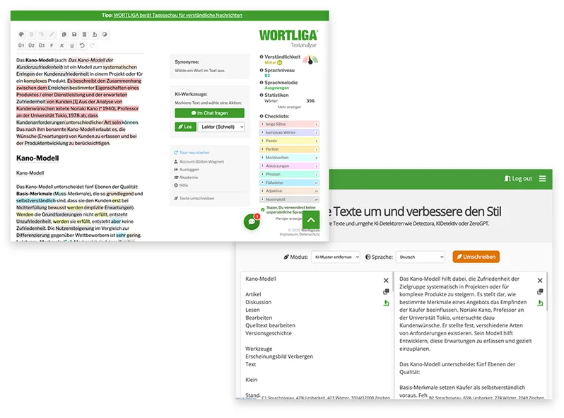 WORTLIGA – Software für Textanalyse von Wortliga Tools GmbH 2 WORTLIGA Textanalyse-Tool Screenshot mit Umschreiber-Funktion und Analyse-Dashboard