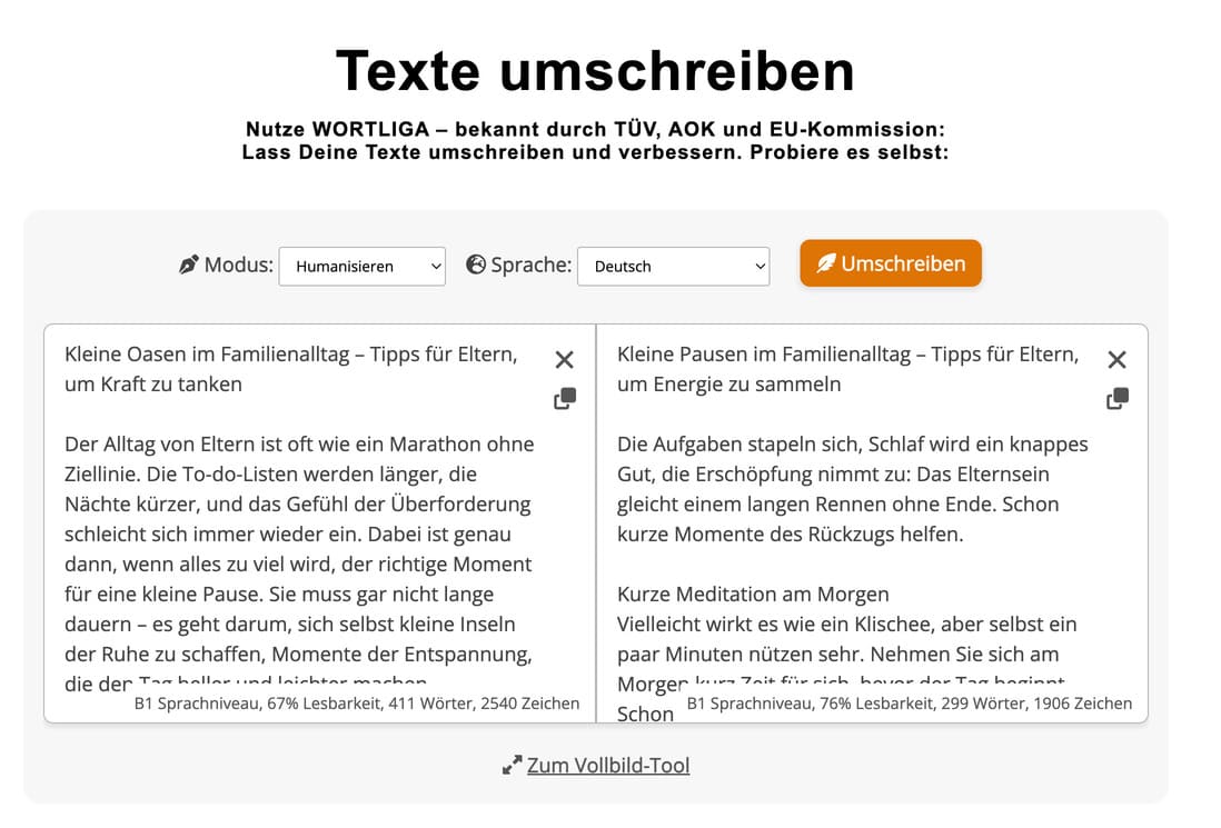 WORTLIGA – Software für Textanalyse von Wortliga Tools GmbH 1 WORTLIGA Umschreibe-Tool mit Modus-Auswahl Humanisieren und Vergleich von Original- und Umschriebener Fassung