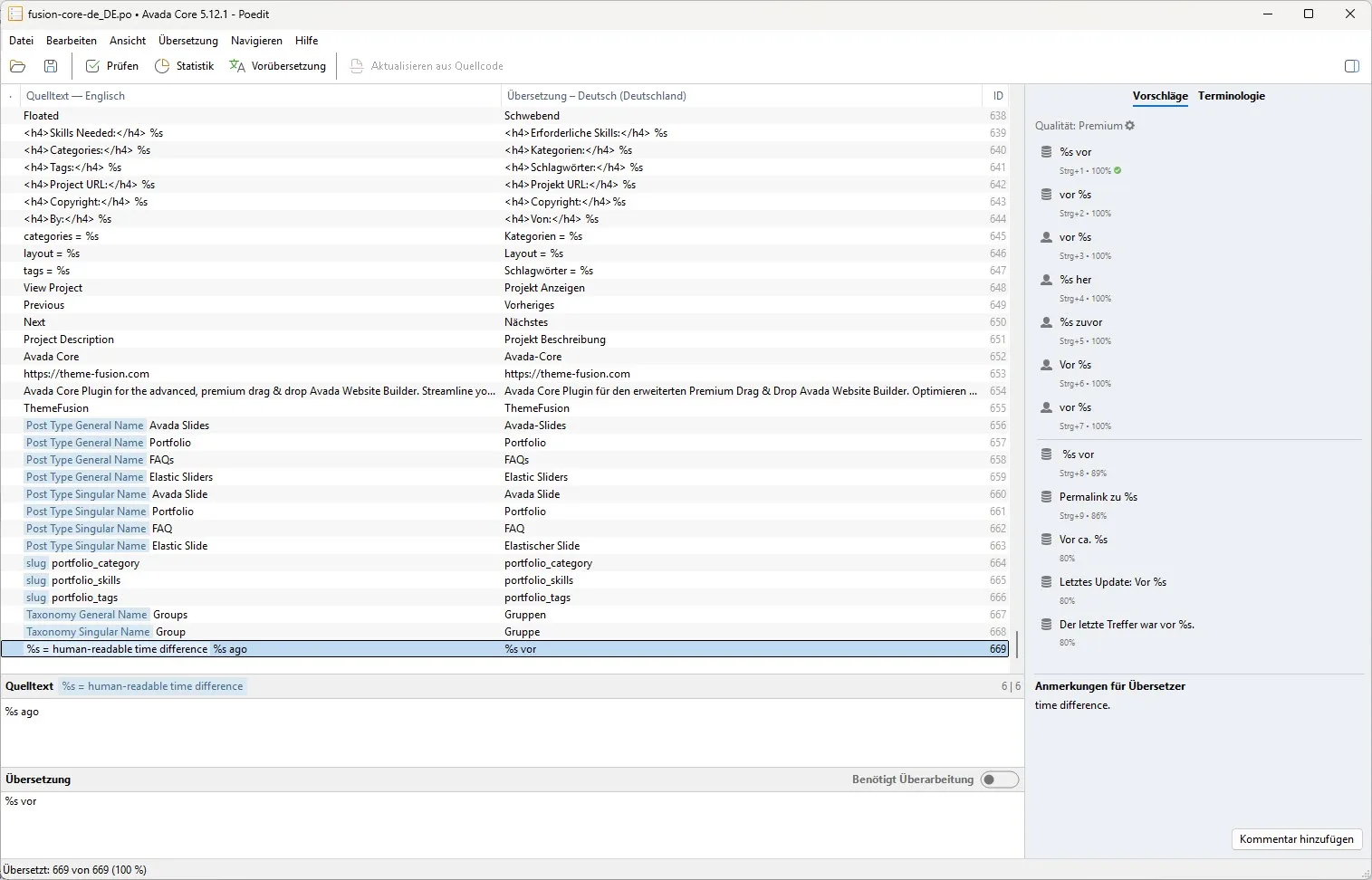 Poedit-Fenster mit Fusion Core Sprachdatei-Übersetzung für Avada Core Plugin