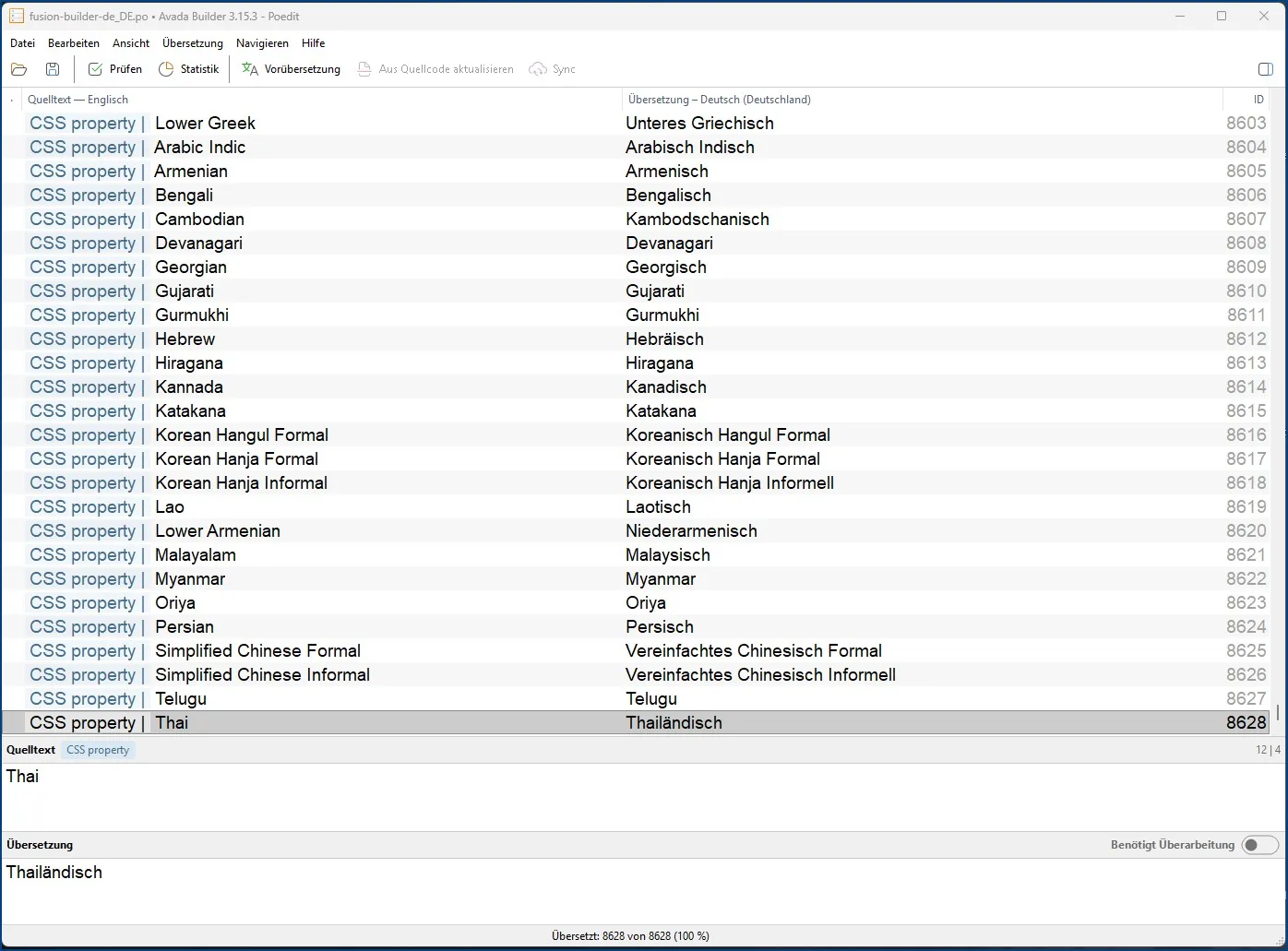 Poedit-Fenster mit Fusion Builder CSS-Eigenschaften und Schriftarten-Übersetzung