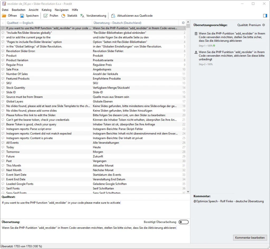 Poedit-Fenster mit Slider Revolution Plugin Sprachdatei-Übersetzung für Avada