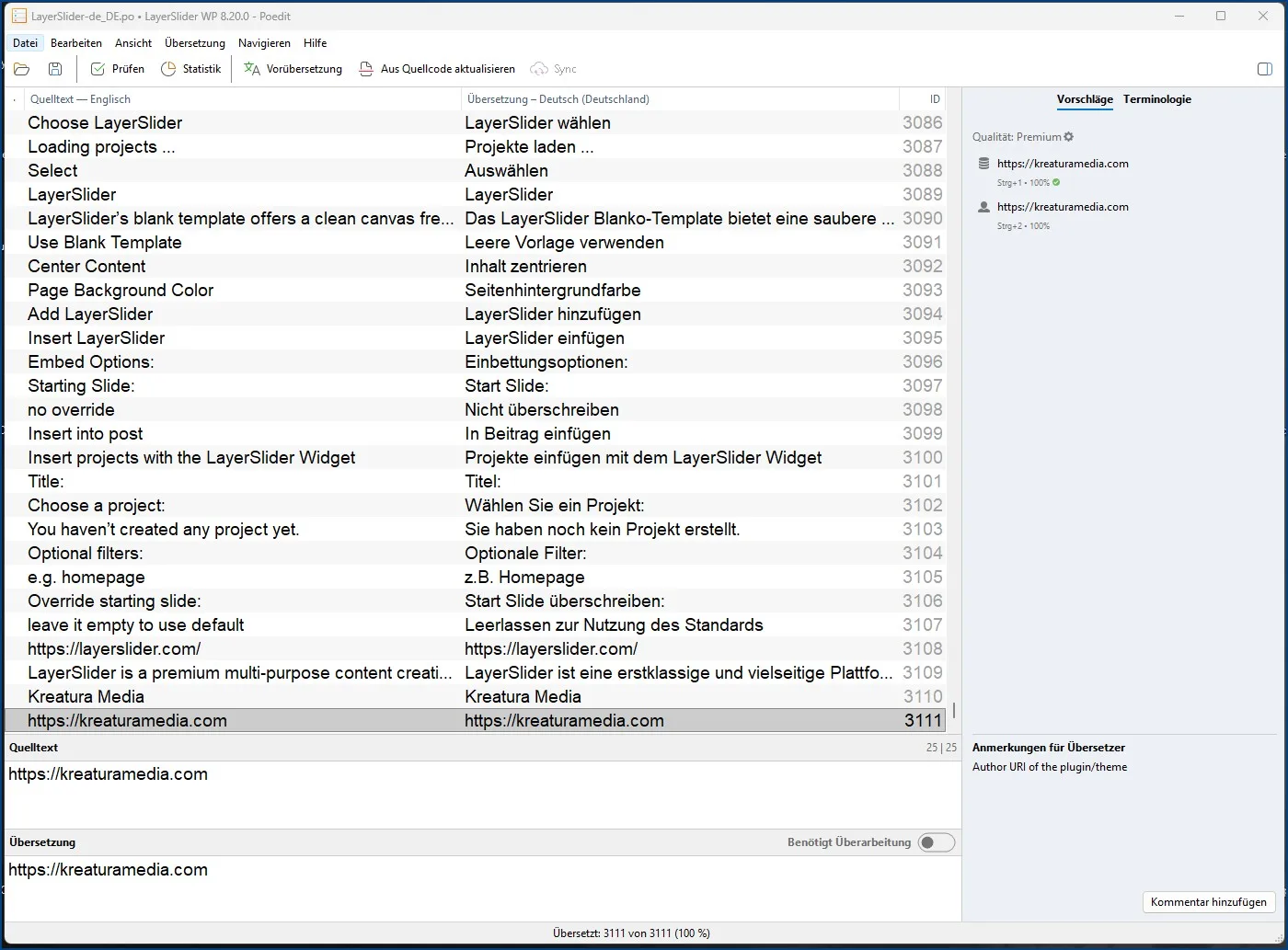 Poedit-Fenster mit LayerSlider Plugin Sprachdatei-Übersetzung für Avada Theme
