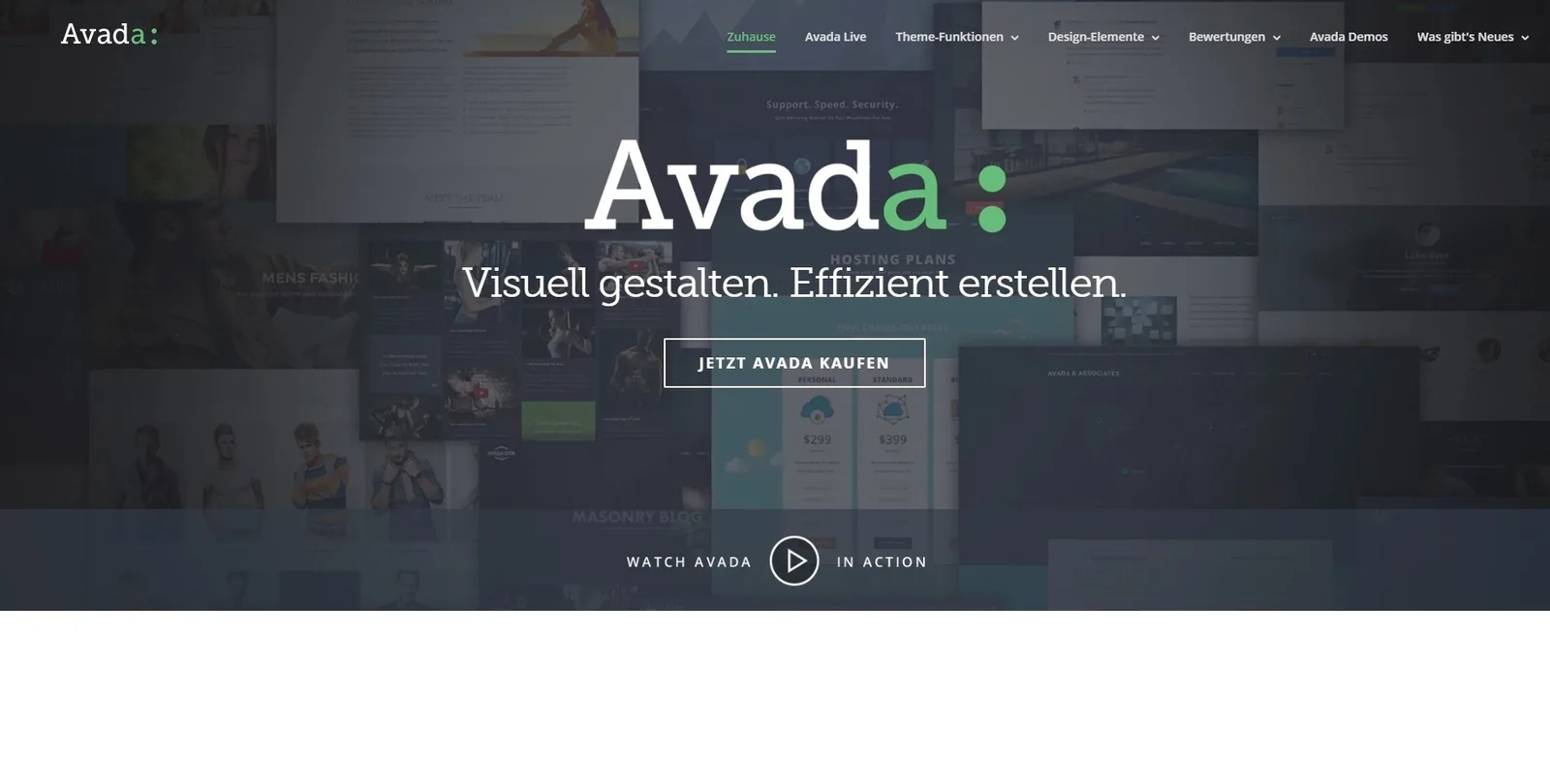 Avada Website Builder Hero-Section mit deutschem Text, Navigationsmenü und Call-to-Action Button