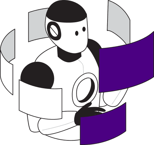 Writelytic – KI-Software für Marketingtexte 3 Roboter mit violetten Fahnen und Fenster-Grafik, illustrative Charakter-Grafik