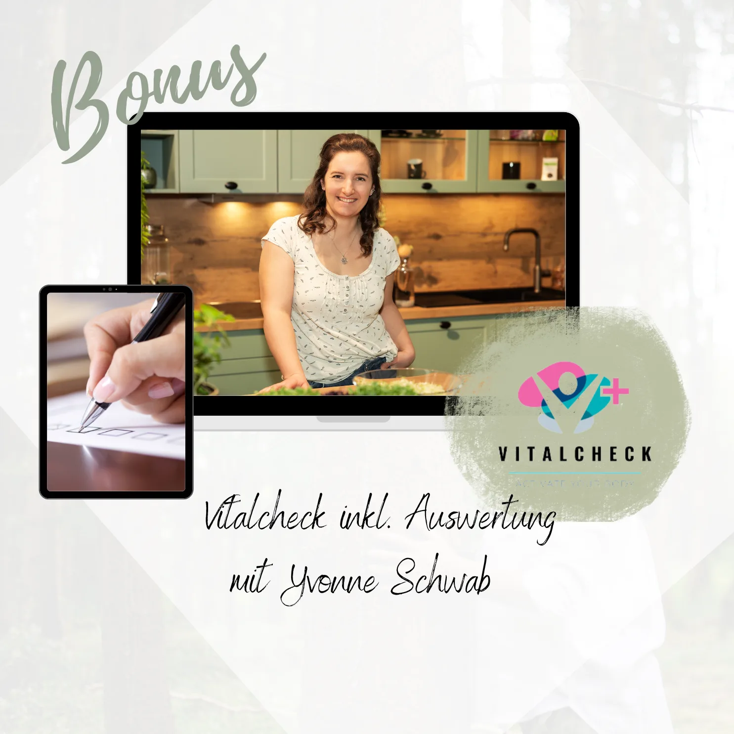 Videostandbild Vitalcheck mit Frau in Küche, Live-Demo und Auswertung mit Yvonne Schwab